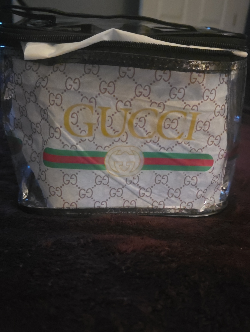 Clear Toiletry Bag with White Logo Panel and Green & Red Stripe